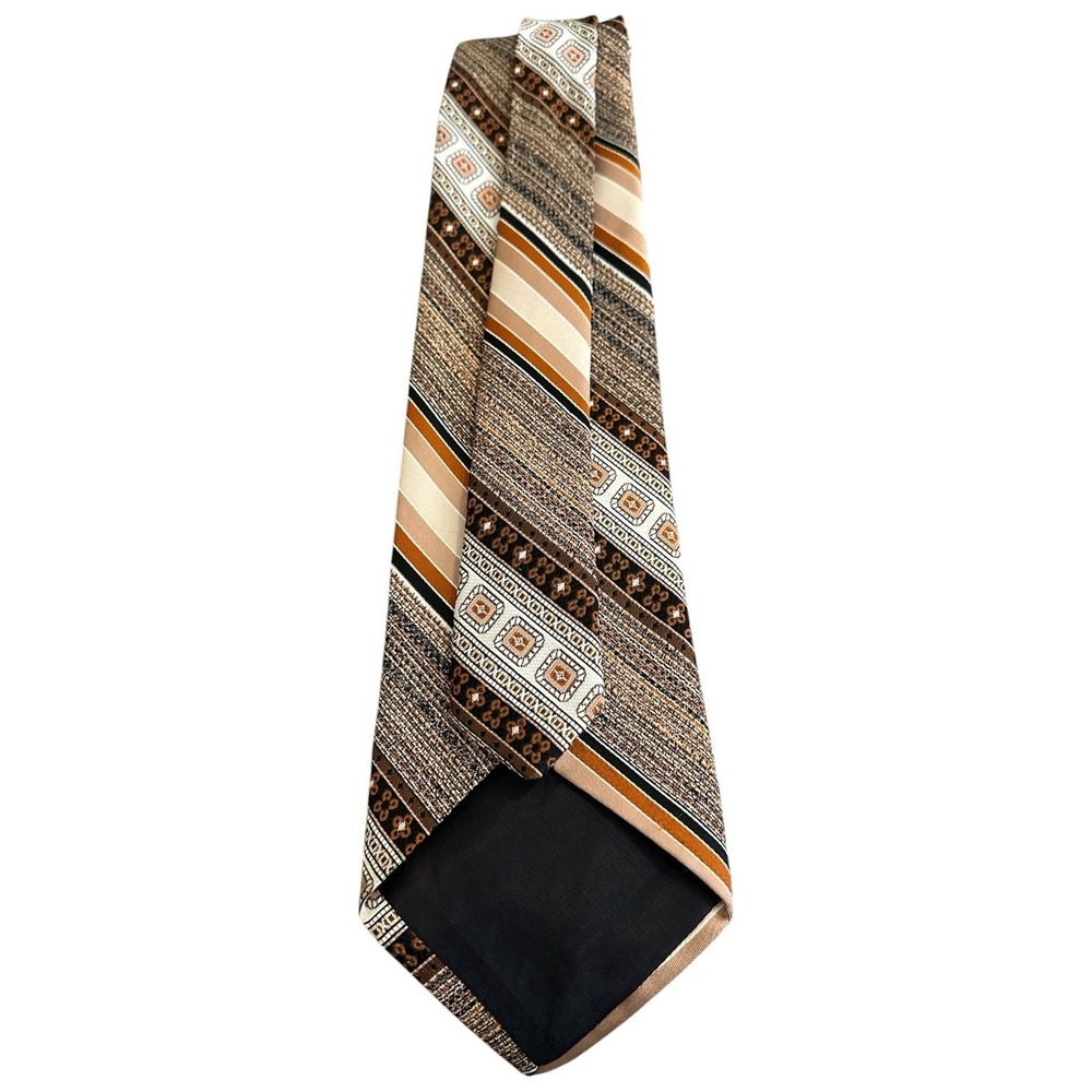 Vintage 1970s Geometric Necktie Wide Blade Brown Tan Mod Disco Era - Picture 3 of 5